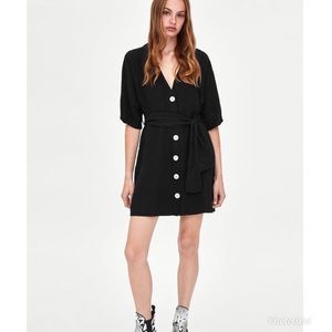 Black Linen Mini Dress W/ Belt- Zara